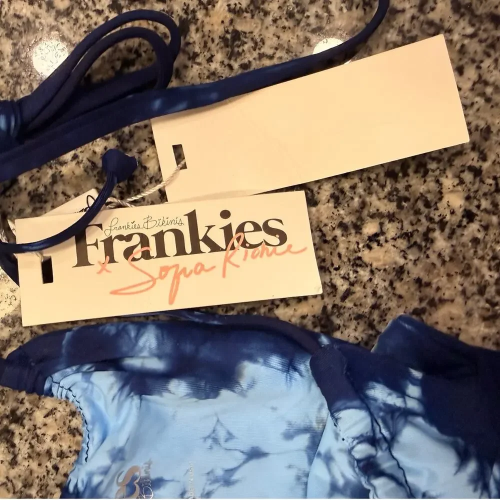 Frankies Bikinis Blue & White Tie-Dye Tie-Side Bottoms - Large